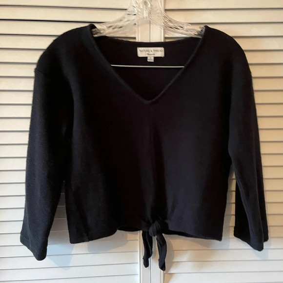 Madewell Texture & Thread Tie-Knot V-Neck Blouse Cropped Black Cotton Size XS - Picture 2 of 16